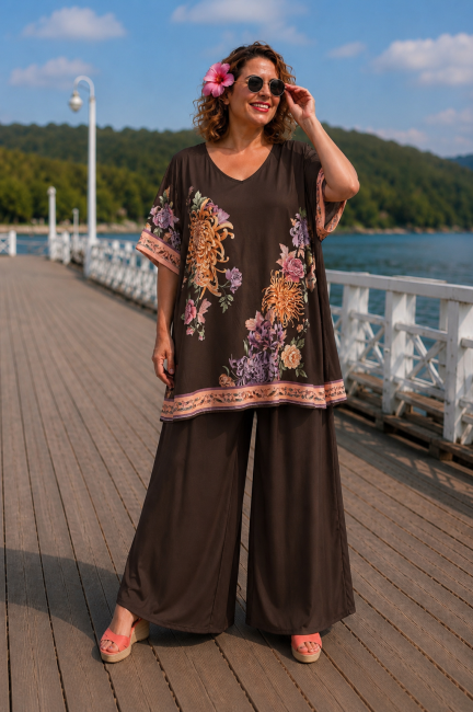 LUNARIO - Komplet spodnie i tunika plus size czekoladowy