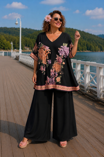 LUNARIO - Komplet spodnie i tunika plus size czarny