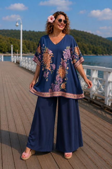 LUNARIO - Komplet spodnie i tunika plus size granatowy
