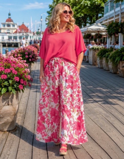 Zwiewne wiskozowe spodnie oversize plus size KWIATY różowe