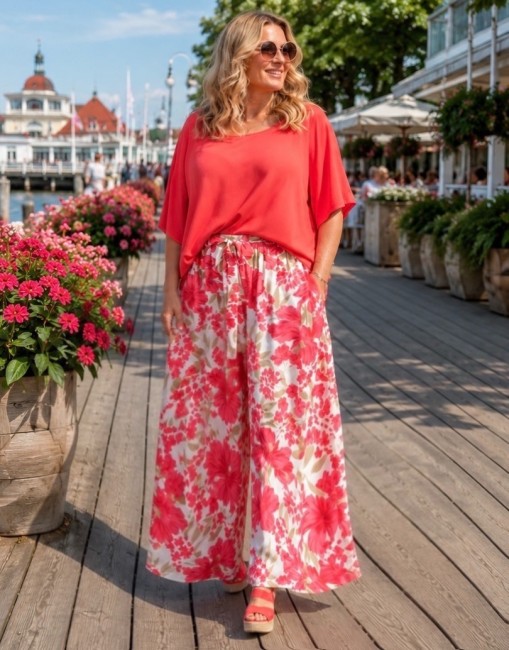 Zwiewne wiskozowe spodnie oversize plus size KWIATY koralowe