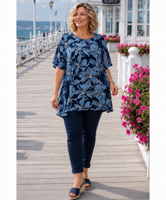 ULUBIONA  wiskozowa tunika plus size KWIATY granatowa 