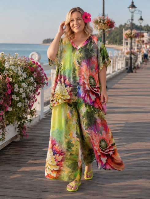 Komplet  plus size oversize z jedwabiem KWIATY limonka
