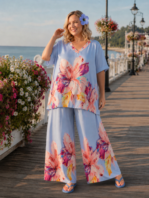 Komplet  plus size oversize z jedwabiem KWIATY niebieski