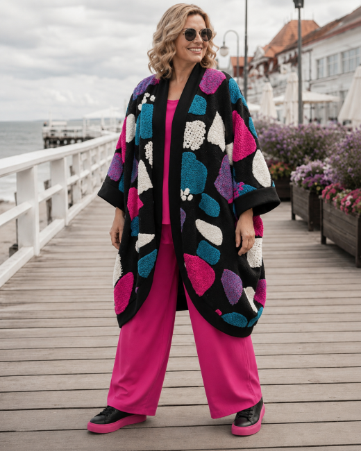 BOHO ART - płaszcz z wełną plus size / oversize - morski