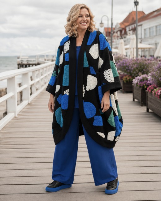 BOHO ART - płaszcz z wełną plus size / oversize - niebieski