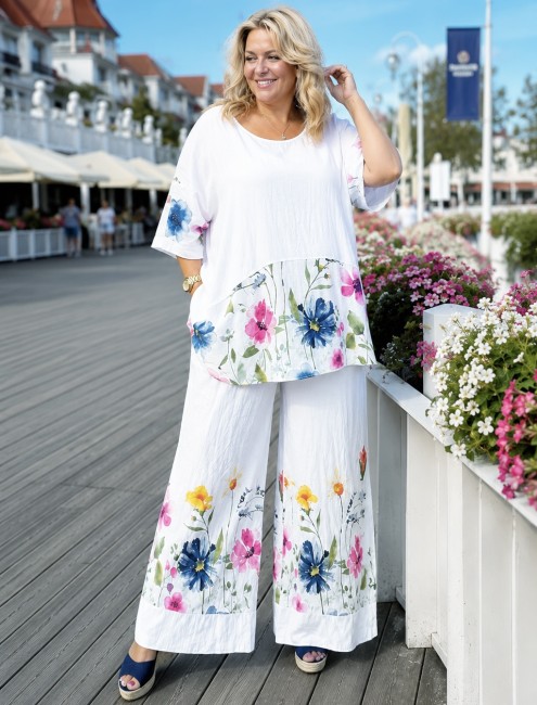 Komplet tunika i spodnie  plus size  KWIATY biały