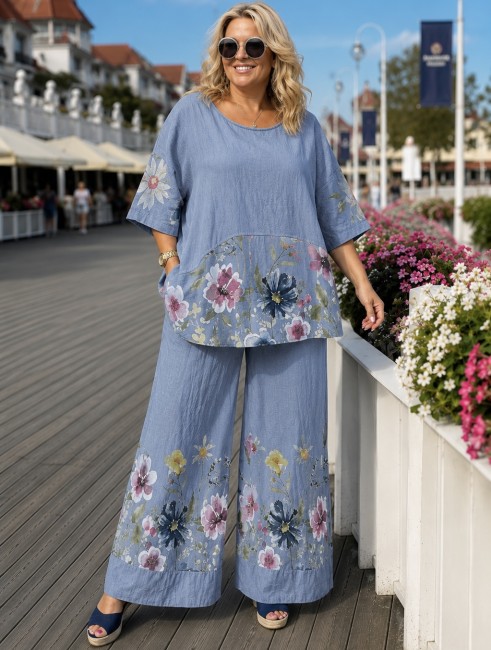 Komplet tunika i spodnie  plus size  KWIATY jeansowy