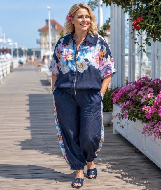 BLOOME - komplet bluza i spodnie plus size - granatowy