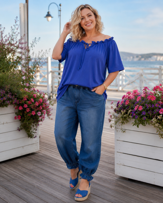 VALENCIA - bawełniana bluzka hiszpanka plus size - niebieska