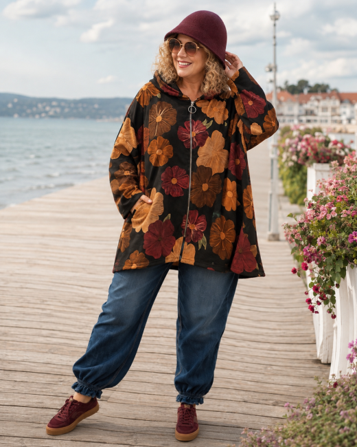 VELVET ART - zamszowa kurtka bluza plus size - brązowo  bordowa