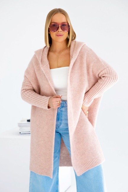 Oversizowy kardigan sweter z wełną EMMA pudrowy 