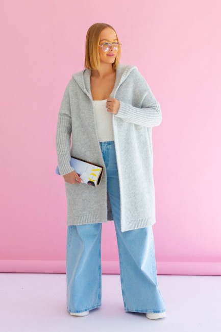 Oversizowy kardigan sweter z wełną EMMA  jasny szary