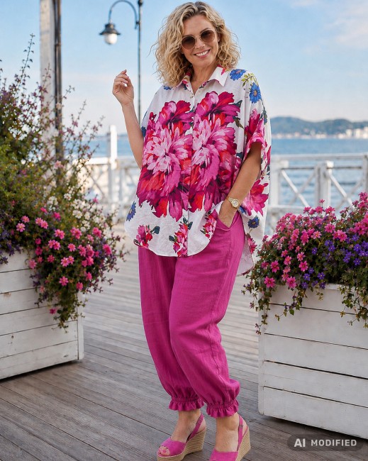 IMPRESJA - koszula plus size / oversize - kwiaty fuksja 