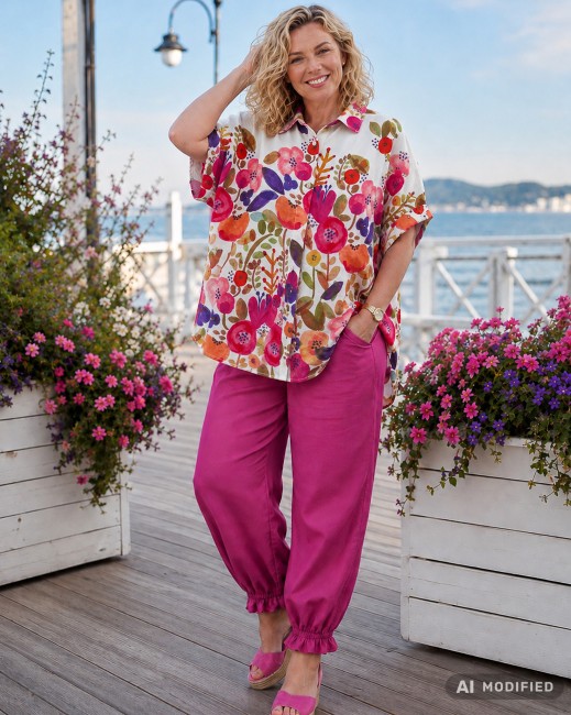 IMPRESJA - koszula plus size / oversize - kwiaty fuksja
