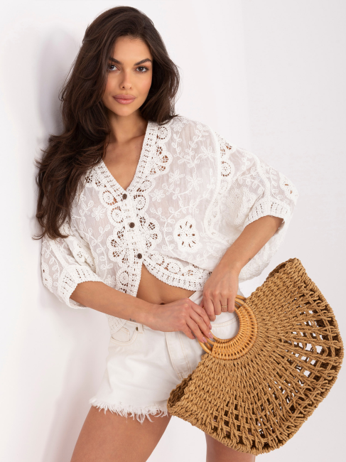 BOHO - bawełniany kardigan haftowany - biały