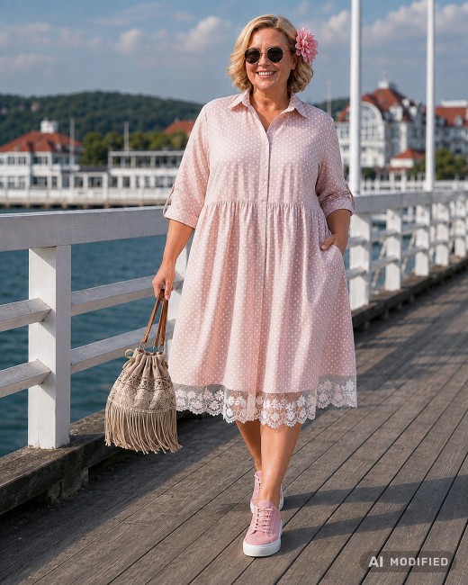 VALENTINA - bawełniana sukienka plus size - pudrowa