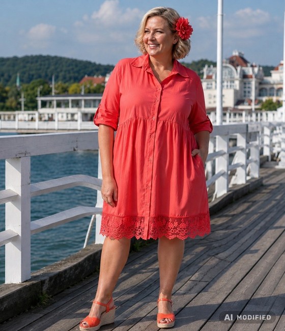 VALENTINA - bawełniana sukienka plus size - koralowa