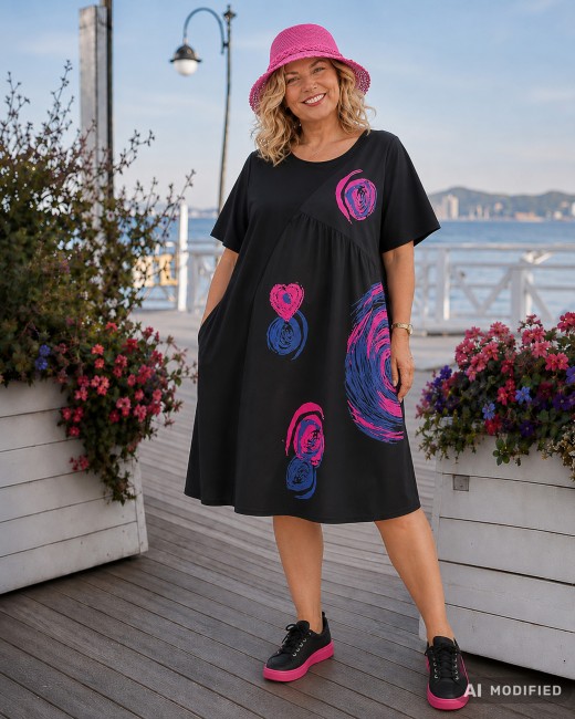 ART ROSE - bawełniana sukienka plus size - czarna różowa