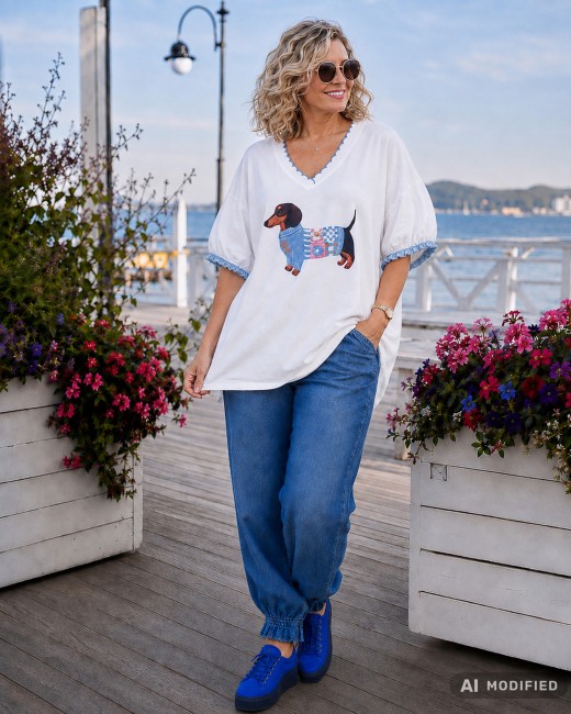 DOXY - bawełniana tunika plus size - ecru, niebieska