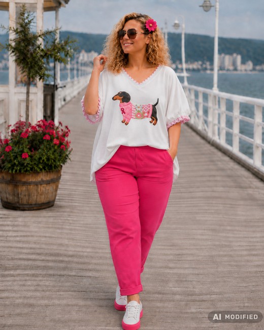 DOXY - bawełniana tunika plus size - ecru, róż