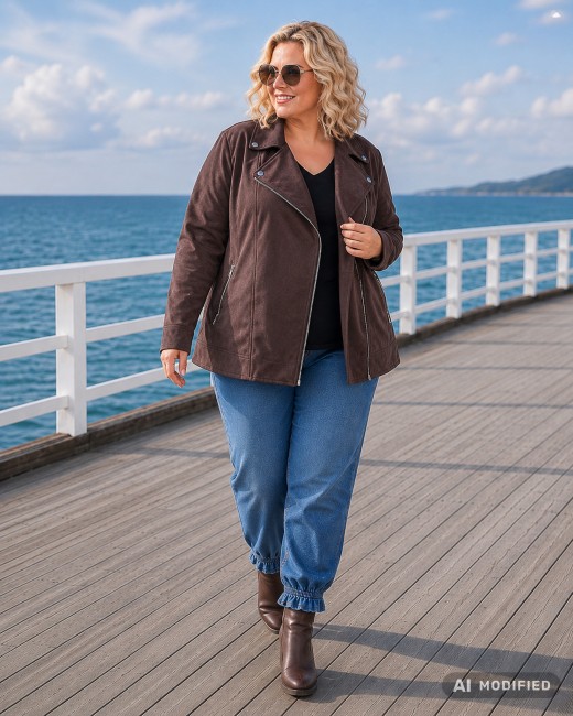 RAMONESKA - zamszowa kurtka plus size - brązowa