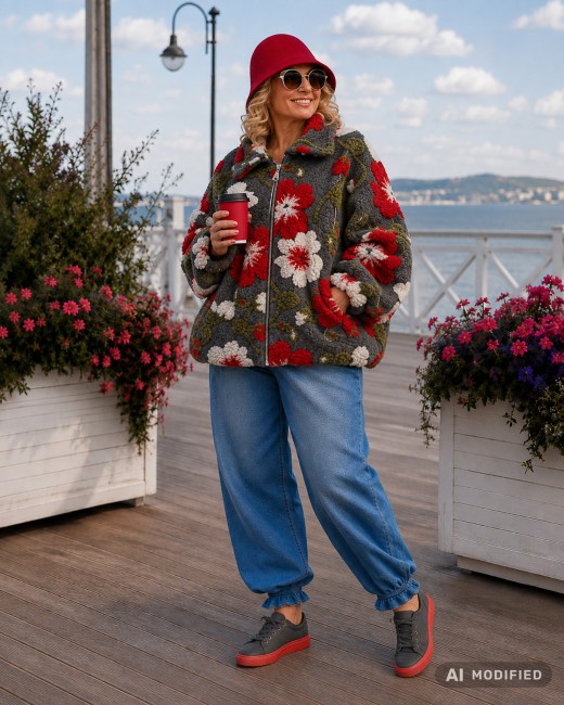 COLOR ART - bluza kurtka bombka oversize - szaro czerwona