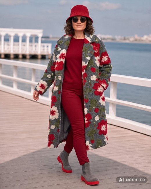 FIORI 3D - płaszcz plus size z wełną - szary, czerwony