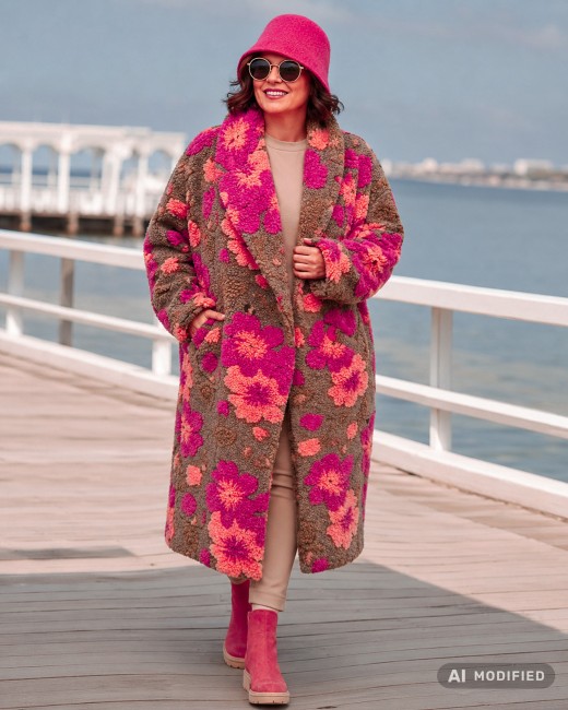 FIORI 3D - płaszcz plus size z wełną - brązowy, różowy