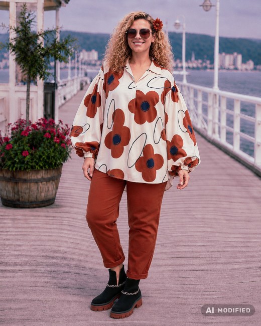 FLOWER POWER - bluzka koszulowa plus size - kremowa, ruda, jeansowa