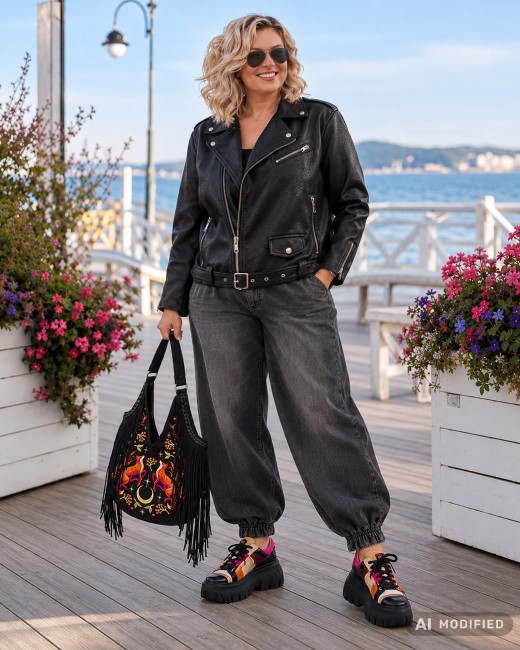 RAMONESKA - stylowa kurtka oversize z eco skóry - czarna