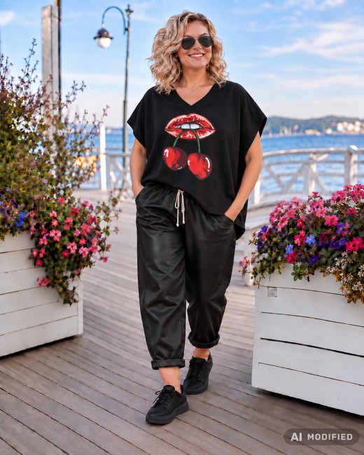 HOT LIPS - tunika plus size / oversize - czarna