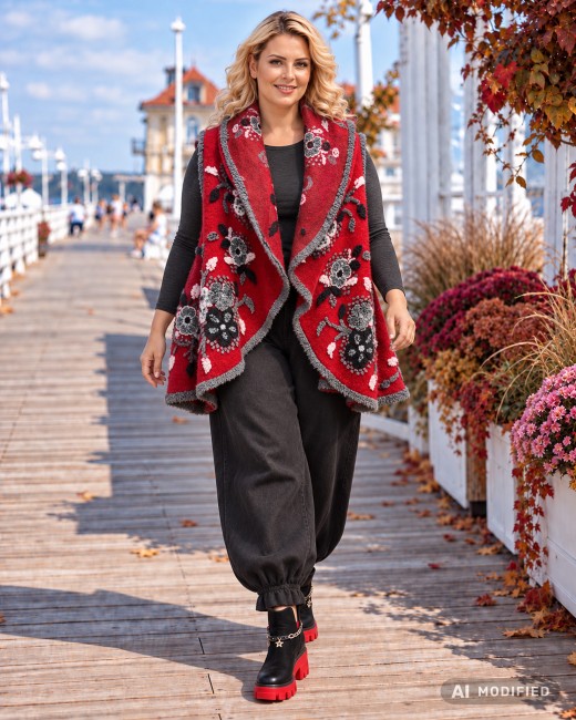 BOHO FLOWER - kamizelka oversize - czerwona