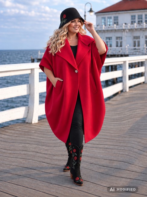 MELLOW - flauszowy płaszcz plus size - czerwony