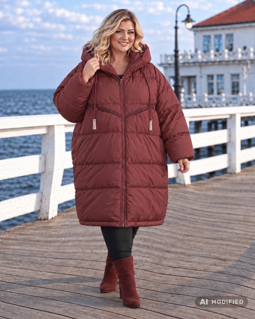 PUFFY - puchowa kurtka oversize plus size - bordowa
