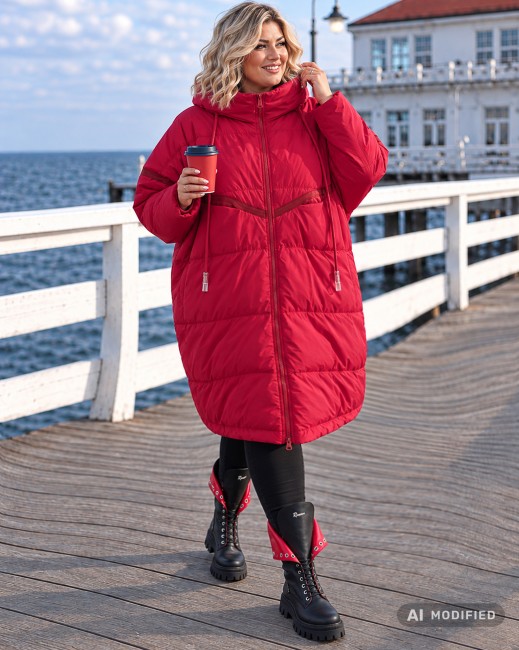 PUFFY - puchowa kurtka oversize plus size - malinowa