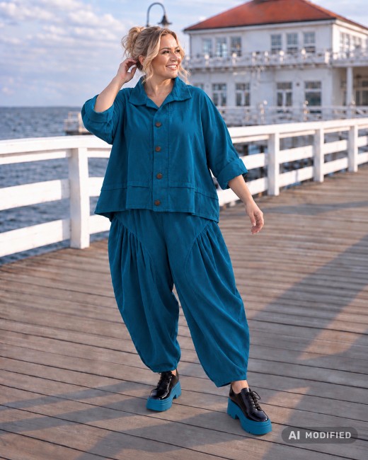 BALLO - narzutka sztruksowa, bawełniana plus size - turkusowa
