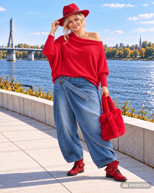 SWAY BLINK - skośny sweter oversize - czerwony 