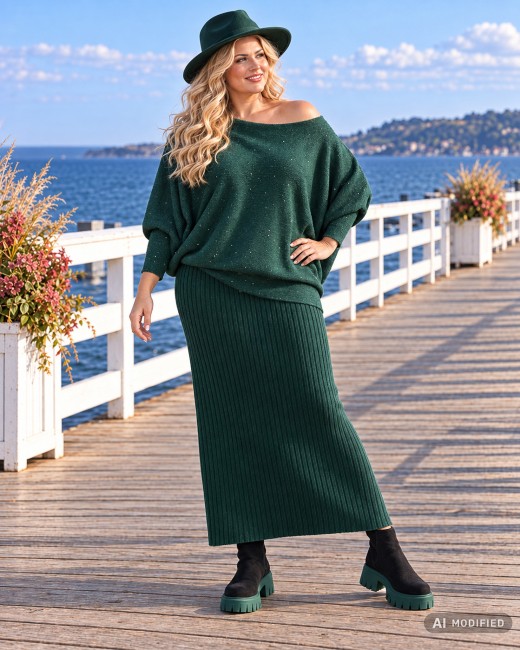 SWAY BLINK  - komplet oversize sweter i spódnica - zielony