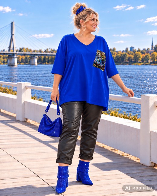 CEKINOWA - Bawełniana tunika plus size - niebieska