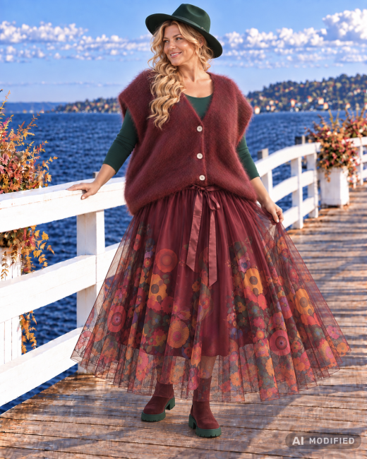 ROSALIA - tiulowa spódnica oversize - bordowa