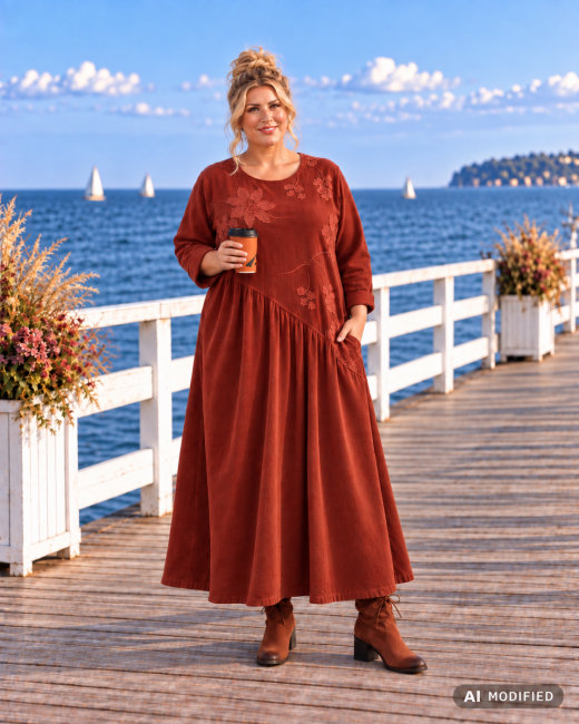 SztruksLove - bawełniana, sztruksowa sukienka plus size - ruda