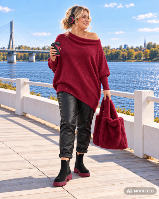 SWAY BLINK - skośny sweter oversize - wino