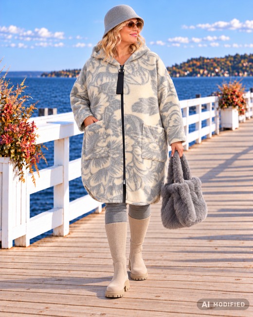 OTULAK KWIATY - kocykowa kurtka oversize plus size - beż, szarość
