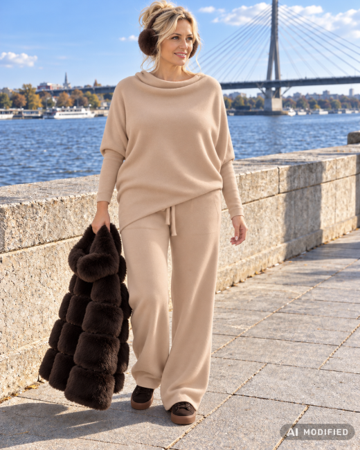 SWAY - komplet oversize sweter i spodnie - biszkoptowy