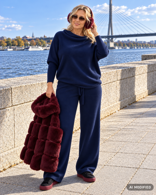 SWAY - komplet oversize sweter i spodnie - granatowy