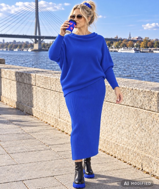 SWAY  - komplet oversize sweter i spódnica - kobaltowy