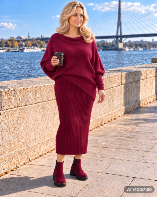 SWAY  - komplet oversize sweter i spódnica - wino