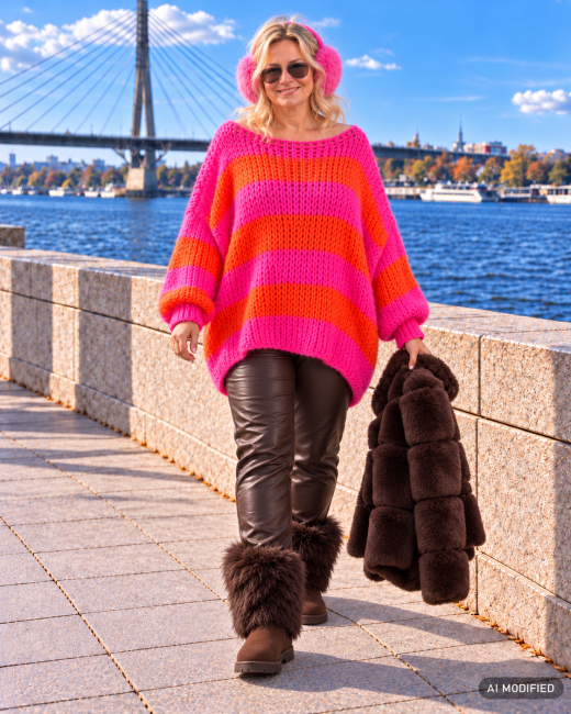 MAMBO - puszysty sweter oversize / plus size - pomarańczowy - różowy