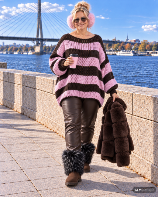 MAMBO - puszysty sweter oversize / plus size - różowo-brązowy